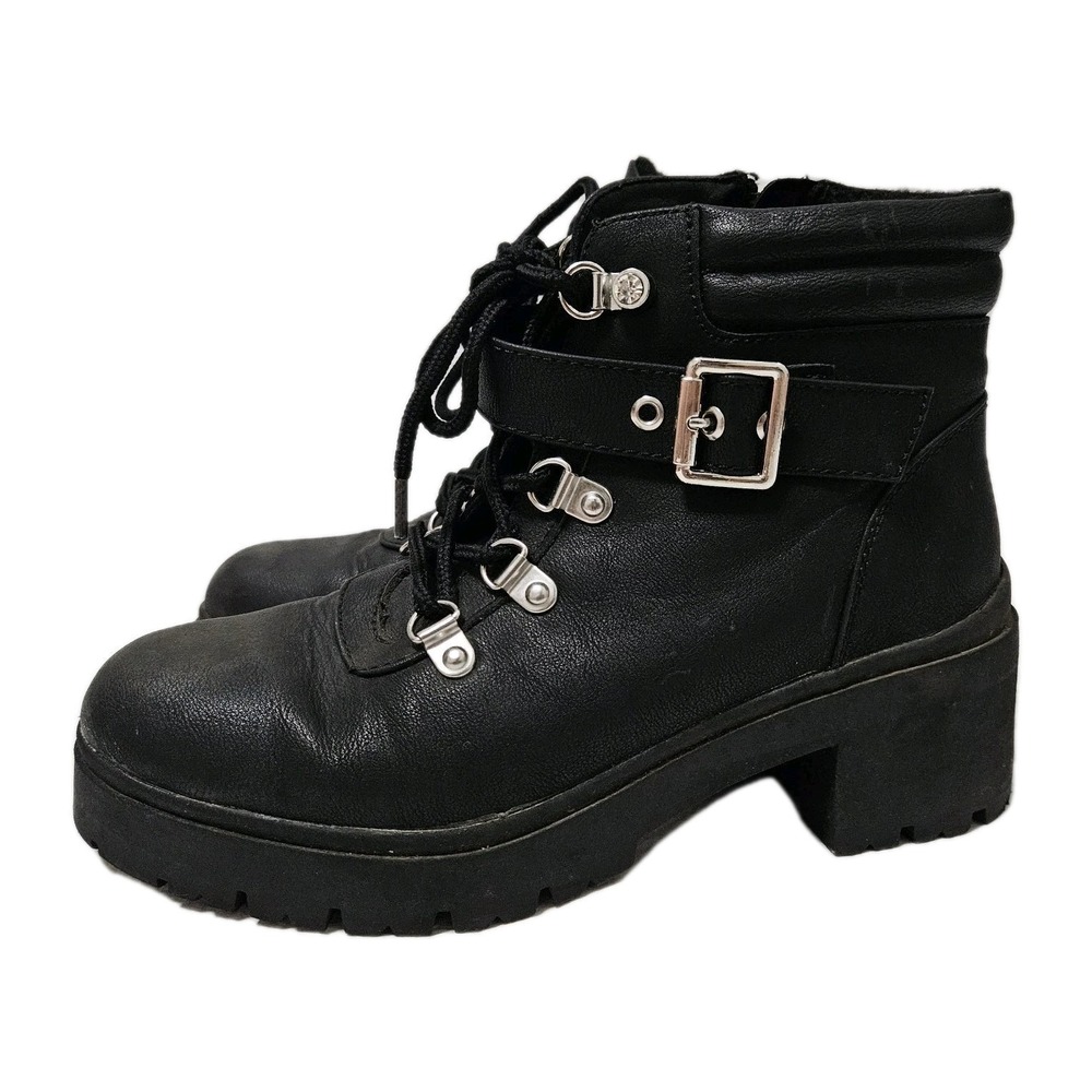 Cupcake Couture Boots Girls 4 Black Jett Platform Lug Sole Combat Buckle Ankle - Picture 2 of 12